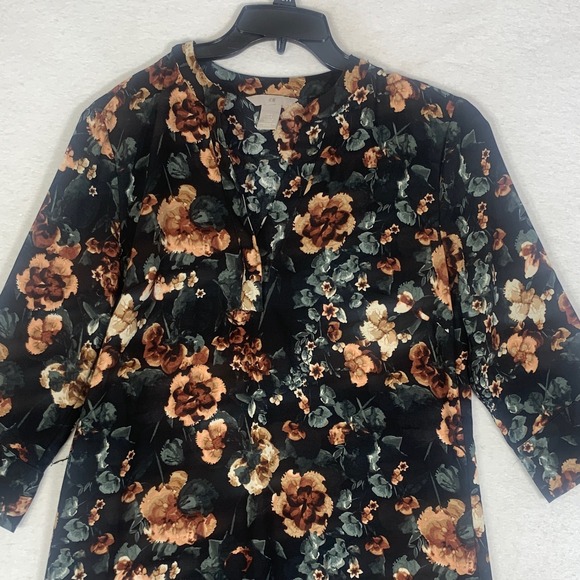 H&M Womens Black Floral Print 3/4 Sleeve V-Neck Shift Dress Sz 8 Polyester Boho - Picture 2 of 12